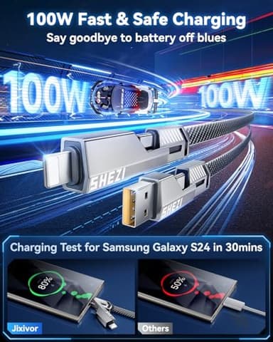 [One is Enough] 4-in-1 Compatible with USB C to Lightning Cable, 100W High-Speed Charging & Fast Data Transfer,CarPlay & Android Auto Support Multi Charger Cord Combo for iPhone/Samsung/iPad,5FT - Image 4