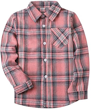 SANGTREE Boys Long Sleeves Flannel Plaid Button Down Shirt Tops Pink Plaid, 12-18 Months = Tag 80 - Image 2