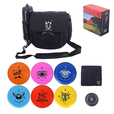 CROWN ME Disc Golf Set, Disc Golf Starter Set,Includes 1pc Bag with Water Bottle Pocket and Accessory Pocket, 2pcs Drivers, 2pcs Mid-Ranges, 2pcs Putters, 1pc Mini Disc Marker and 1pc Towel - Image 1