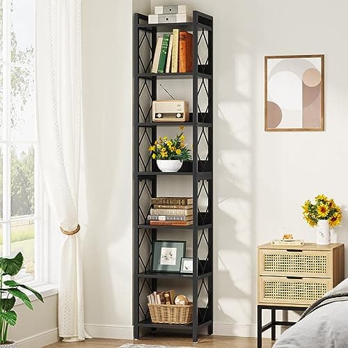 Tribesigns 78.7 Inch Extra Tall Narrow Bookshelf, 7 Tier Skinny Bookcase for Small Spaces, Freestanding Display Shelves, Multifunctional Corner Storage Organizer for Home Office, Black - Image 1