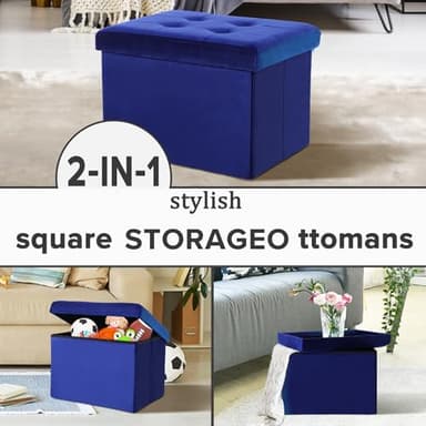 LINMAGCO Storage Ottoman Folding Foot Stool Velvet Foot Rest with Padded Modern Ottoman with Storage for Living Room Puppy Step Stool 17x13x13in(Navy) - Image 7