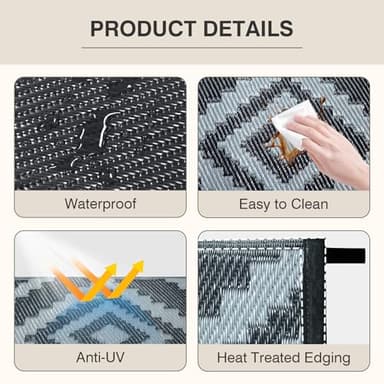 Outdoor Plastic Straw Rug - 5x8 ft Waterproof Patio Rug Clearance, Reversible Outdoor Carpet for RV, Camping, Deck, Balcony, Porch, Picnic, Backyard (Black & Grey) - Image 4