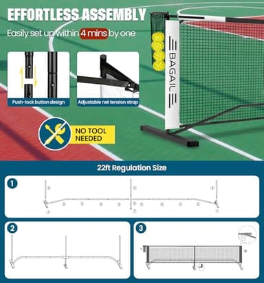 BAGAIL Portable Pickleball Net Set, 22 FT Regulation Size Pickle Ball Net with Ball Collector, Carry Bag, Easy Setup for Outdoor Indoor Driveway - White - Image 6