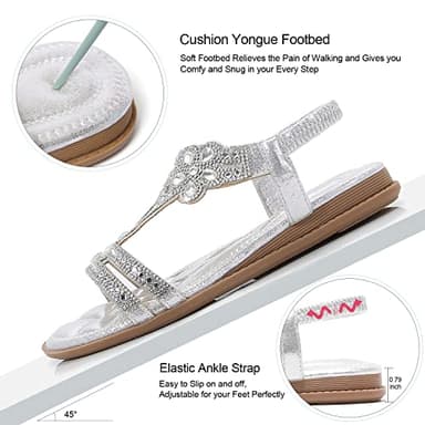 iCKER Women Rhinestone Sandals T-Strap Buckle Bohemian Pearl Crystal Flat Sandals-Sliver 01-8 - Image 3