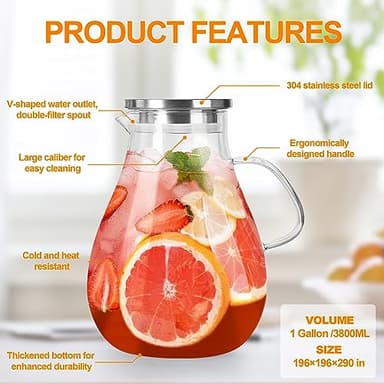 Glass Pitcher with Lid,1 Gallon Glass Water Pitcher Hot/Cold Water Jug, Juice and Iced Tea Beverage Carafe with Lid (Extra-Wide Mouth) - Image 2