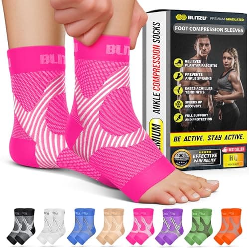 BLITZU Compression Socks for Plantar Fasciitis, Achilles Tendonitis, Arthritis Relief, Ankle Brace Compression Sleeve with Foot Arch Support, Ankle Wrap for Women, Men, Swelling & Heel Pain Pink S-M - Image 1