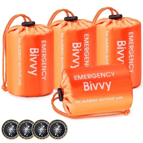 Esky Emergency Sleeping Bag, 4 Pack Portable Thermal Bivy Sack, Waterproof Lightweight Emergency Blanket Survival Gear with Compass and Whistle for Camping Hiking Outdoor Adventure, Orange - Image 1