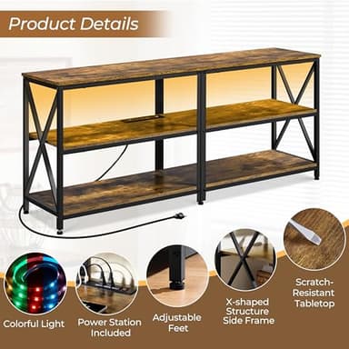 Yaheetech TV Stand with Power Outlet, Industrial Entertainment Center with LED Lights for 65 Inch TV, 3 Tiers Tv Console with Charging Station for Living Room, Media Console with Shelves, Rustic Brown - Image 5