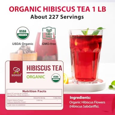 Soeos Organic Hibiscus Flower Herbal Tea, 1lb (16oz), Whole Dried Petals, Bold Tart Flavor, Caffeine-Free & Naturally Refreshing, Perfect for Iced Tea, Hot Infusions, and Floral Blends - Image 2