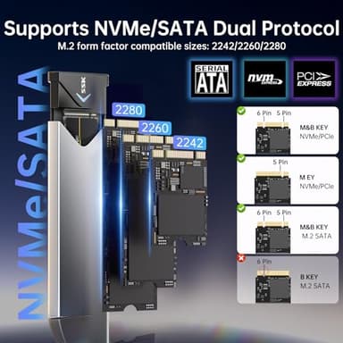 SSK M.2 NVME SATA SSD Enclosure Adapter, USB 3.2 Gen 2 (10 Gbps) to NVME PCI-E SATA M-Key/(B+M) Key Solid State Drive External Enclosure Aluminum Support UASP Trim for SSDs 2242/2260/2280 - Image 3