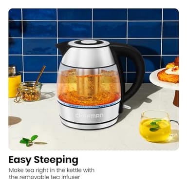 CHEFMAN Electric Kettle - 1.2L 1500W Hot Water Tea Pot with Infuser, BPA Free, Auto Shut Off, Boil-Dry Protection, Removable Lid, LED Light, Cordless Glass Electric Tea Kettle – Stainless Steel - Image 2