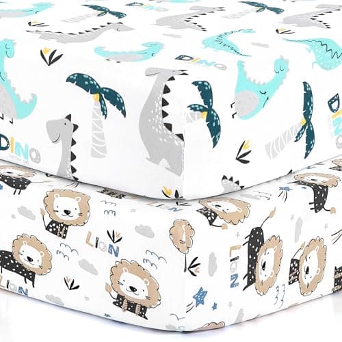 Pack n Play Sheets, BROLEX 2 Pack Mini Crib Sheets,Stretchy Portable Fitted Playard Sheet Set, Convertible Playard Mattress Cover,Ultra Soft Breathable Material,Dinosaur Lion - Image 1