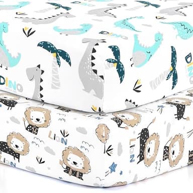 Pack n Play Sheets, BROLEX 2 Pack Mini Crib Sheets,Stretchy Portable Fitted Playard Sheet Set, Convertible Playard Mattress Cover,Ultra Soft Breathable Material,Dinosaur Lion - Image 1