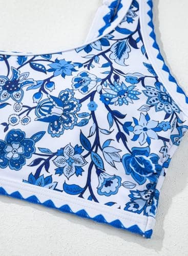Herseas Women's Bikini Sets Floral Print Whip Stitch 2 Piece Modest Swimsuits High Waisted Scoop Padded Blue Bathing Suits Medium - Image 5