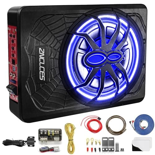 2025 Upgraded 10"1200W Slim Under Seat Powered Car Subwoofer, Car/Truck Sub Built in Amplifier for outstanding Heat Dissipation, Powerful bass and Blue LED Ambient Light enjoy Audio Experience - Image 1