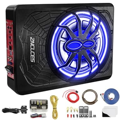 2025 Upgraded 10"1200W Slim Under Seat Powered Car Subwoofer, Car/Truck Sub Built in Amplifier for outstanding Heat Dissipation, Powerful bass and Blue LED Ambient Light enjoy Audio Experience - Image 1