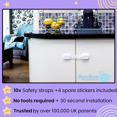 Booboo® (10 Pack) Premium Cabinet Locks Baby Proofing, Child Proof Cabinet Locks, Cupboard Locks for Children with 3M Adhesive + 4 Extra Stickers - Image 5
