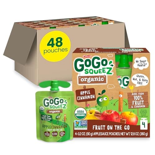 GoGo squeeZ Organic Applesauce and Fruit Puree, Apple Cinnamon, 3.2 oz (Pack of 48), Unsweetened Organic Fruit Snacks for Kids, Gluten Free, Nut Free and Dairy Free, Recloseable Cap, BPA Free Pouches - Image 1