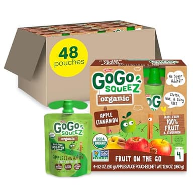 GoGo squeeZ Organic Applesauce and Fruit Puree, Apple Cinnamon, 3.2 oz (Pack of 48), Unsweetened Organic Fruit Snacks for Kids, Gluten Free, Nut Free and Dairy Free, Recloseable Cap, BPA Free Pouches - Image 1