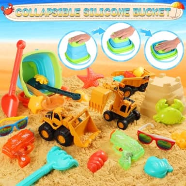 HUITEM Beach Toys for Kids, Sand Toys with 2 Collapsible Beach Bucket,3 Dump Truck,2 Sunglasses,Ocean Molds,Sandbox Shovel,2 Mesh Bag Sand Castle Building Kit Travel Beach Essentials for Toddler 3-10 - Image 4