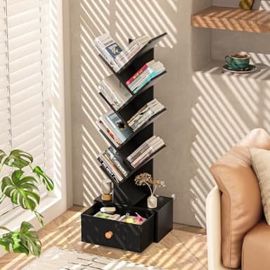 SHEEPAM 8 Tier Tree Bookshelf with Drawer, Free Standing Wood Bookcase for Living Room, Bedroom, Home Office, Space Saving Storage Organizer Bookshelves for Books, CDs, Vinyl Records- Black - Image 2