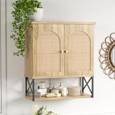 Rattan Bathroom Wall Cabinet, Boho Medicine Wall Cabinet with Double Doors and Adjustable Shelves, Tall Kitchen Wall Mounted Storage Cabinet, Floating Space Saver Over Toilet, Natural - Image 1