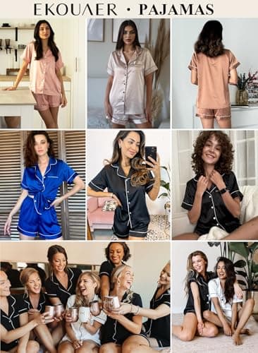 Ekouaer 2 Pack Womens Pajama Sets Summer Pjs Satin Sleepwear Short Sleeve Button Down Pjs Top and Shorts Sleep Set Black+Rose,Large - Image 2