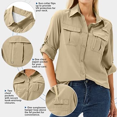Toumett Women's UPF 50 Long Sleeve UV Sun Protection Safari Shirts Outdoor Quick Dry Fishing Hiking Travel Shirts(5071,Khaki,L) - Image 3