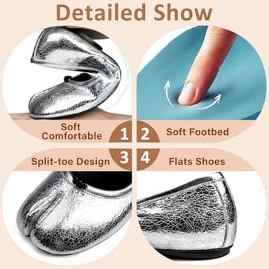 VBDB Tabi Silver Ballet Flats for Women Slip on Shoes Wide Width Split Toe Dress for Women Low Heels Comfortable Flats Shoes Size 8 - Image 2