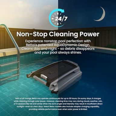 Betta SE Plus - Solar-Powered Robotic Pool Skimmer with 24/7 Continuous Cleaning Power, Dual Charging Options, Twin Salt Chlorine Tolerant Motors, and Shallow Water Safeguard - Image 2
