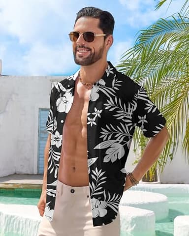 BOJIN Men's Hawaiian Wrinkle Free Short Sleeve Button Down Tropical Floral Beach Vacation Shirt BJ066 White Flower Black 1X - Image 4