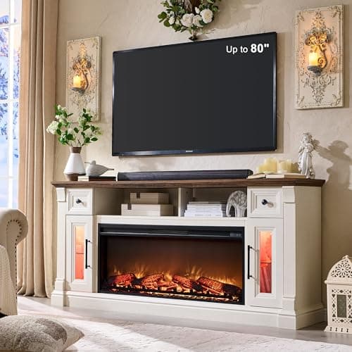 OKD Fireplace TV Stand for 80 Inch TV - Farmhouse Entertainment Center with 42" Electric Fireplace & LED Lights, Wood Media Console with Storage Drawers & Cabinets for Living Room, Antique White - Image 1