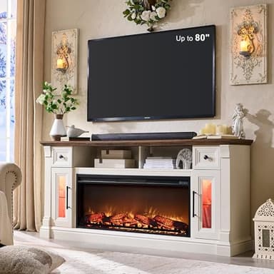 OKD Fireplace TV Stand for 80 Inch TV - Farmhouse Entertainment Center with 42" Electric Fireplace & LED Lights, Wood Media Console with Storage Drawers & Cabinets for Living Room, Antique White - Image 1