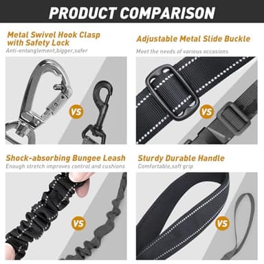 AUBELL Tactical Dog Leash Heavy Duty,4-6ft Reflective Strong No Pull Bungee Leash for Medium Large Dogs with Comfortable Padded Double Handle,Car Seat Belt,360 Degree Rotating Carabiner,Black - Image 6