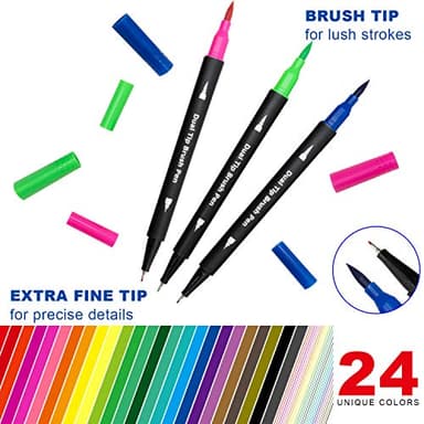 Piochoo Dual Brush Marker Pens,24 Colored Markers,Fine Point and Brush Tip for Kids Adult Coloring Books Bullet Journals Planners,Note Taking Coloring Writing - Image 2