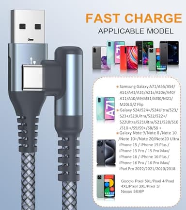 sweguard USB C Cable Right Angle [3Pack, 10FT+6.6FT+3.3FT], 3.1A Fast Charger Cable Nylon Braided Cord for iPhone 17 16 15 Pro Max Plus iPhone Air, Samsung Galaxy S25 S24 S23 S22 S21 Note 20 10,Moto - Image 4
