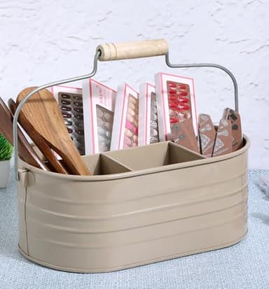 Alpha Living Home Multi-Functional Utensil Caddy – 4-Compartment Organizer for Kitchen, Party & Office – Durable Beige Powder-Coated Iron Alloy with Wooden Handle - Image 6