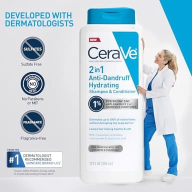 CeraVe 2 In 1 Hydrating Anti Dandruff Shampoo And Conditioner, 1% Pyrithione Zinc Dandruff Treatment, Color Safe & Sulfate Free Shampoo And Conditioner, Helps Eliminate Dandruff & Relieve Itchy Scalp - Image 6