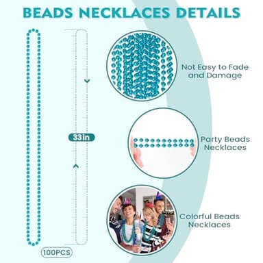 100 PCS Teal Bead Necklaces, Teal Mardi Gras Beads Necklaces Turquoise Party Beads Necklace Bulk Round Beaded Necklaces for Mardi Gras, Christmas, School Spirit Day Party Favors - Image 2
