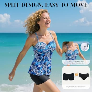 Century Star 2024 Two Piece Womens Tankini Swimsuits Modest Tankini Bathing Suit Tops with Shorts Tummy Control Swimwear Blue Printing Numeric - Image 2