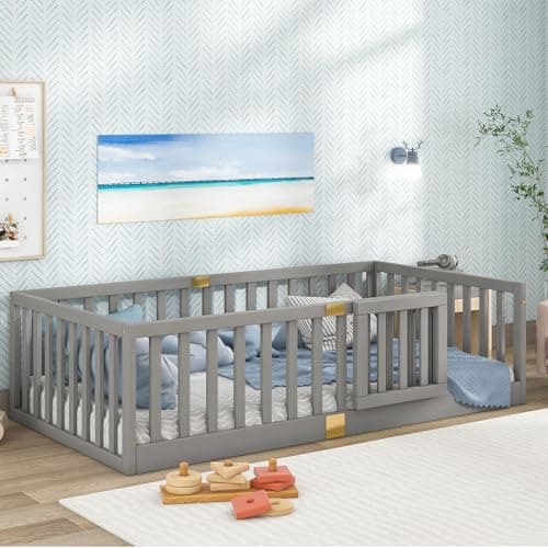 Tatub Twin Montessori Floor Bed with High Rails, Solid Wood Montessori Bed Frame for Kids, Door Can Install Left and Right, Twin-Grey - Image 1