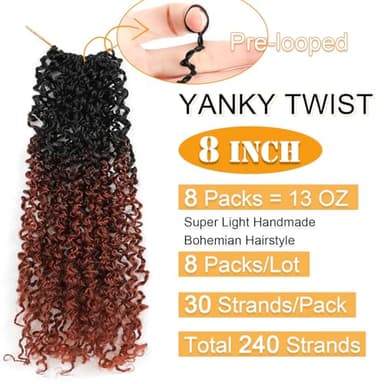 Aksice 8 Inch 8 Packs Yanky Twist Crochet Hair for Women Pre-looped Mini Twist Hair Bohemian Passion Twist Crochet Hair Boho Crochet Braids Synthetic (8 Inch 8 Packs,OT350#) - Image 2