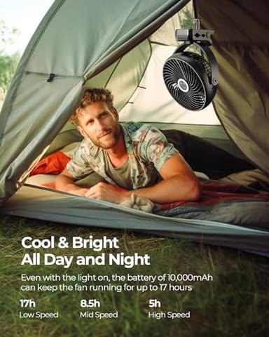 Koonie 10000mAh Portable Clip on Fan with LED Lantern and Hook, 8'' Battery Operated Desk Fan, Quiet Camping Fan with LED Digital Display, 360° Rotation & 3 Speeds for Travel Tent Gym Treadmill - Image 3
