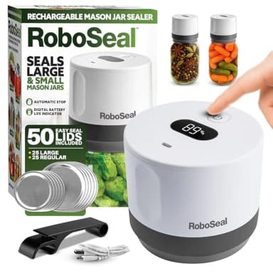 RoboSeal Rechargeable Mason Jar Vacuum Sealer for Mason Jars Wide & Regular Mouth, One Touch Operation Canning, 50 Jar Lids & Jar Opener Included, Digital Battery Indicator, Preserves Foods 5x Longer - Image 1