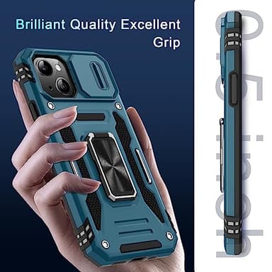 DEERLAMN Case for iPhone 13/iPhone 14 6.1-Inch with Slide Camera Cover+Screen Protector(2 Packs),Rotated Ring Kickstand Military Grade Shockproof Protective Cover-Light Blue - Image 8