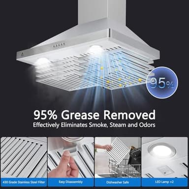 JustSmart Range Hood 30 Inch, Wall Mount Hood Vents for Kitchen, Stainless Steel Stove Kitchen Hood, 400CFM, Button Controls, 3-Speed Exhaust Fan, LED Lights, Reusable Baffle Filters, Silver - Image 6