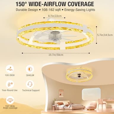 SKRFORM Ceiling Fans with Lights and Remote, 20'' Low Profile Flush Mount Ceiling Fan with 6 Speeds & 3 Color Temperature, 3000-6500K Dimmable Led Fandelier for Bedroom Livingroom, White - Image 7