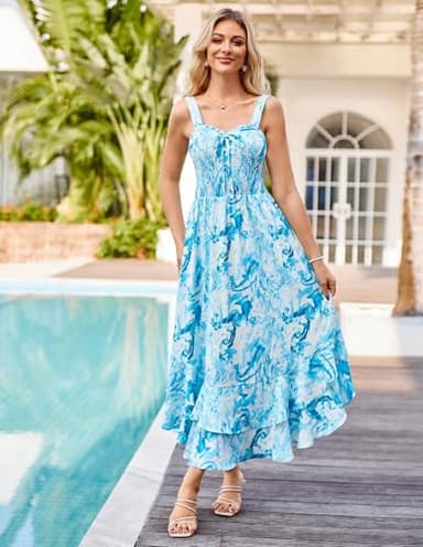 GRACE KARIN Women's 2025 Summer Floral Boho Dress Square Neck Strapped Swing A Line Sundress Beach Long Maxi OutfitsBlue Ripple L - Image 8