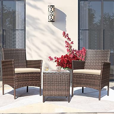 Greesum 3 Pieces Patio Furniture Sets Outdoor PE Rattan Wicker Chairs with Soft Cushion and Glass Coffee Table for Garden Backyard Porch Poolside, Brown and Beige - Image 2