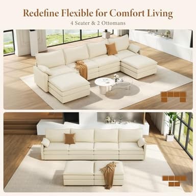Vesgantti 142" U Shaped Sectional Couch, Comfy Cloud Modular Sectional Sofa with 2 Ottoman Deep Seat Chenille Modern Cloud Sofa, Modular Sofas for Living Room, Bedroom and Apartment, Beige - Image 7